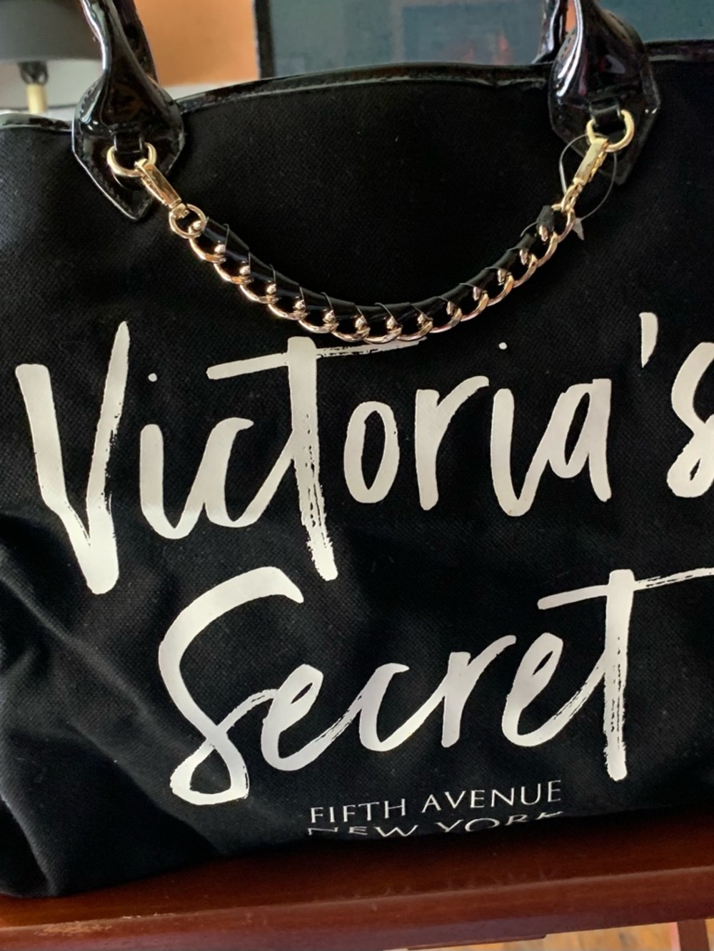 Victoria's Secret Black Tote with White Logo and Gold Chain Handles